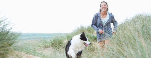 Hund am Strand mit Herrchen